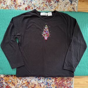 Vintage Victoria Jones Woman Embroidered Women XL Blouse Shirt Black Christmas